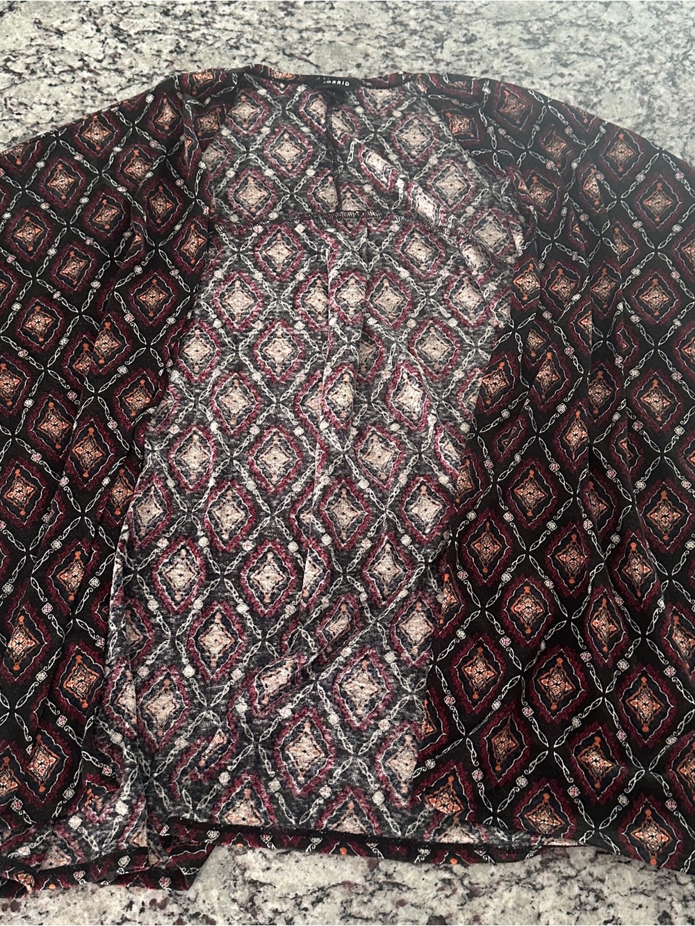 Torrid Burgundy and Black Geometric Shawl Cardigan